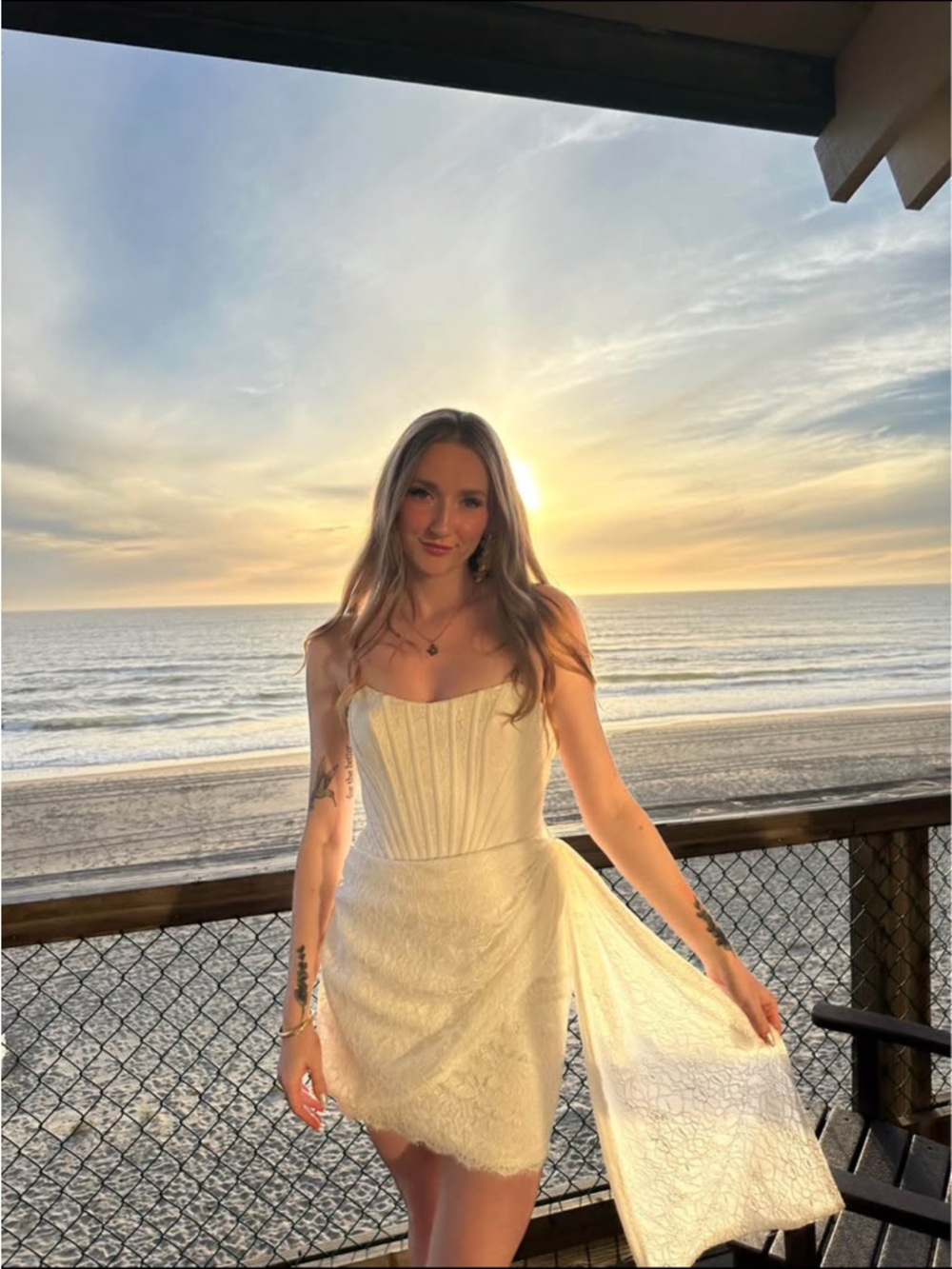 Women’s White Strapless Lace Dress with Draped Skirt